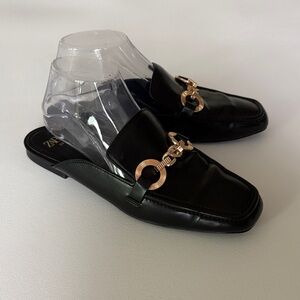 Zara Gold Chain Loafer Mules in Black Slip On Dressy Casual Classic Size 7.5